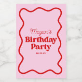 Roze Rood Wavy Border Verjaardagsfeestje Mini Wijn Etiket (Enkel label)
