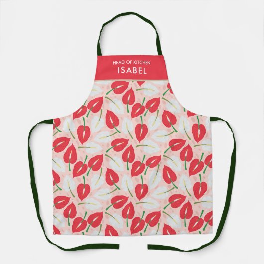 Roze Rood Wit Anthurium bloemig met chef-kok naam Schort (Voorkant)