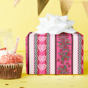 Roze Rood Wit Vintage Valentijnsharten & Bloemen Cadeaupapier