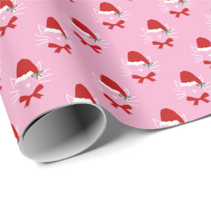 Roze Rood Witte Kerstman Hoed Strik Kat Kerstmis Cadeaupapier