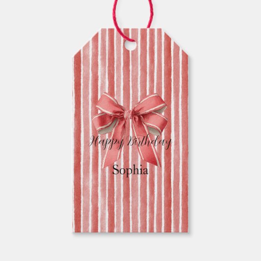 Roze Rood Witte Strepen Verjaardag Cadeaulabel (Voorkant)