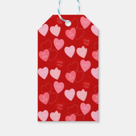 Roze, Rood, Witte Valentijnshartjes Snoepgoed Cadeaulabel (Voorkant)