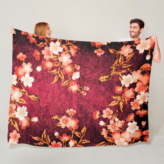 ROZE ROOD WITTE VOORJAARSBLOEMEN, ANTIEK ROOD BLOE FLEECE DEKEN (In situ)