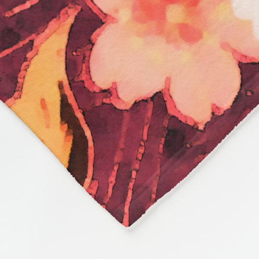 ROZE ROOD WITTE VOORJAARSBLOEMEN, ANTIEK ROOD BLOE FLEECE DEKEN (Hoek)