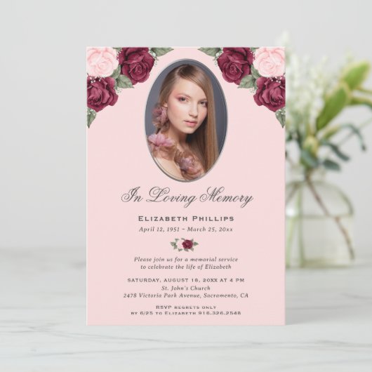 Roze Rood Zilver Bloemen Foto Memorial Service Kaart (Staand voorkant)