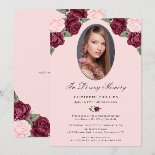 Roze Rood Zilver Bloemen Foto Memorial Service Kaart (Voorkant / Achterkant)