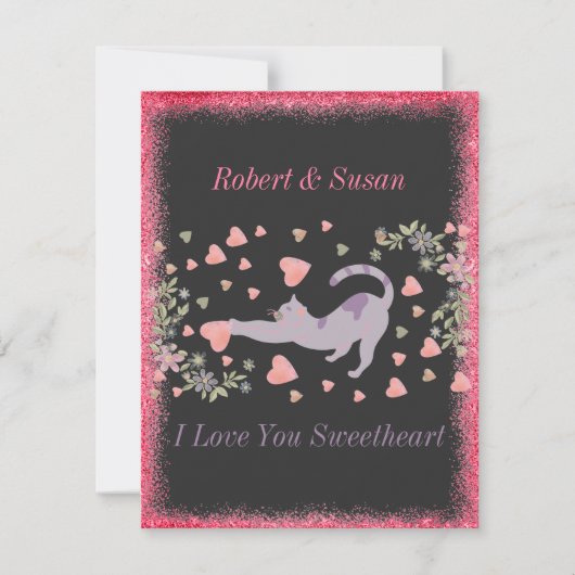 Roze Rood Zwart Hart Grappig Schattige Kat Valenti Feestdagenkaart (Voorkant)