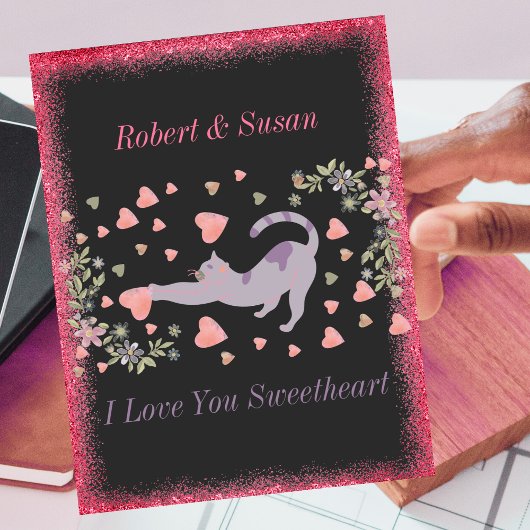 Roze Rood Zwart Hart Grappig Schattige Kat Valenti Feestdagenkaart