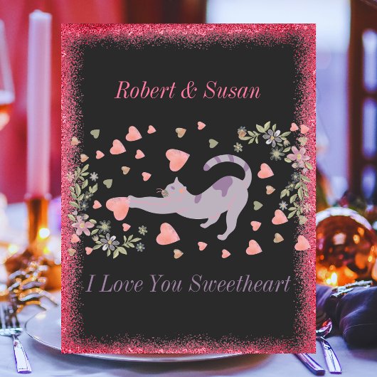 Roze Rood Zwart Hart Grappig Schattige Kat Valenti Feestdagenkaart