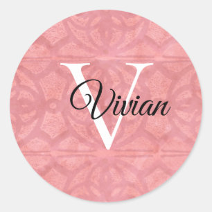 Roze roodbruin met zwarte monogram en witte naam ronde sticker
