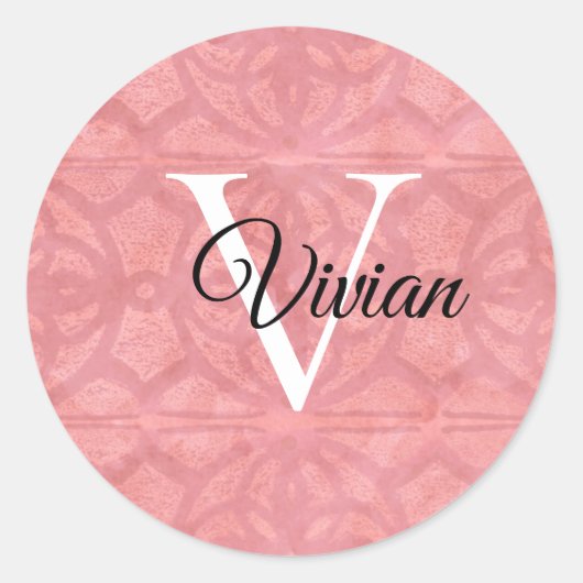Roze roodbruin met zwarte monogram en witte naam ronde sticker (Voorkant)