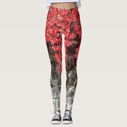 Roze roodroodblad leggings herfstmuur (Voorkant)