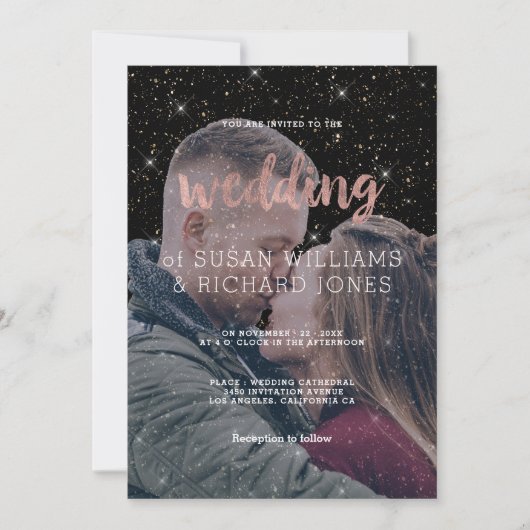 Roze roodroos goud typt zwarte glitter foto bruilo kaart (Voorkant)