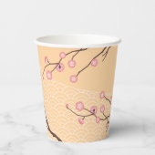 Roze roodroze bloesem op geel papieren bekers (Achterkant)