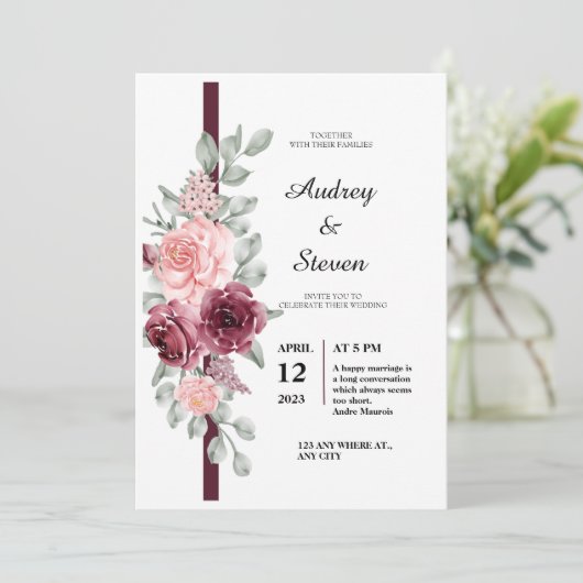 Roze roodroze uitnodiging voor bruiloft (Staand voorkant)