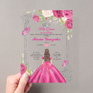 Roze Roos Acrylic Quinceañera Bloemige Sweet 15 Acryl Uitnodigingen