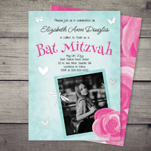 Roze Roos, Aqua Blauw, Zilver Charms Bat Mitzvah Folie Uitnodiging