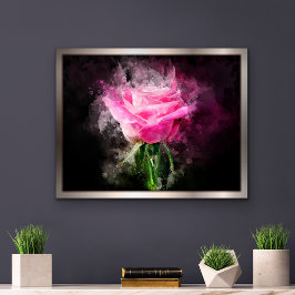 Roze Roos Aquarel op Zwarte Achtergrond Foto Afdruk