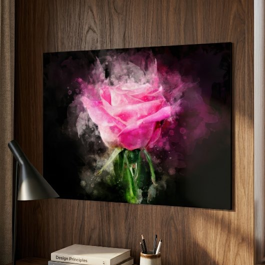 Roze Roos Aquarel op Zwarte Achtergrond Poster