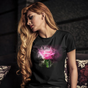 Roze Roos Aquarel op Zwarte Achtergrond T-shirt