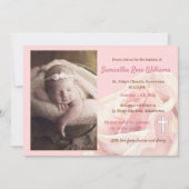 Roze roos baby meisje foto doop kaart (Voorkant)