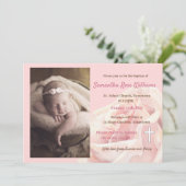 Roze roos baby meisje foto doop kaart (Staand voorkant)
