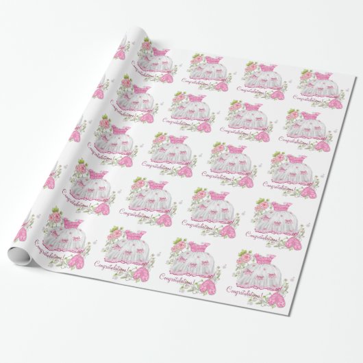 Roze Roos Baby Shower Cadeaupapier (Uitgerold)