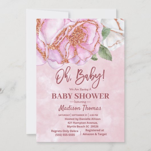 Roze Roos Baby shower meisjes Kaart (Voorkant)