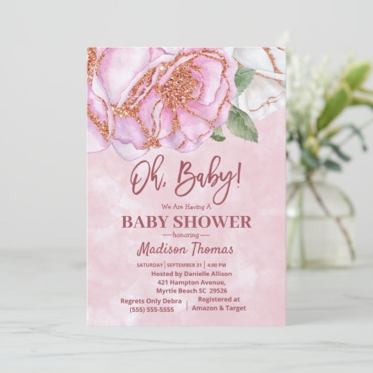 Roze Roos Baby shower meisjes Kaart (Staand voorkant)