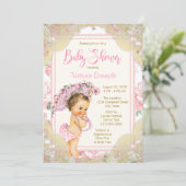  Roze Roos Baby shower Uitnodiging (Staand voorkant)