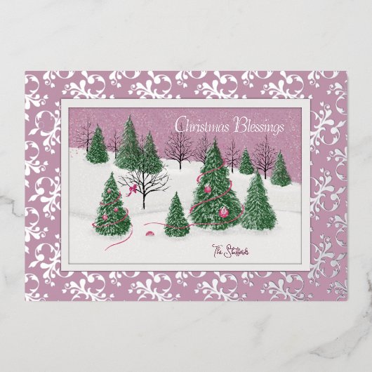 Roze Roos Betoverd Bos Folie Kerstkaart Folie Feestdagenkaart (Voorkant)