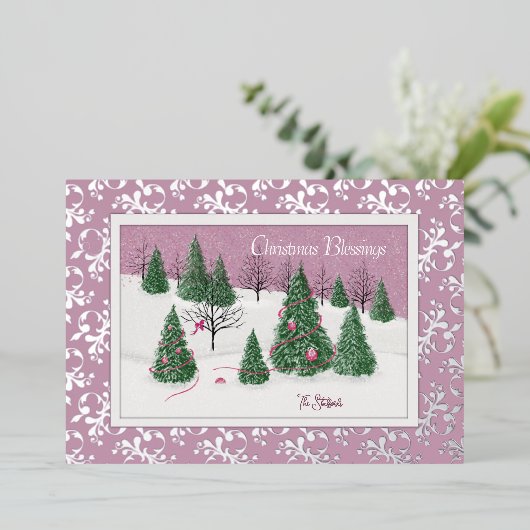 Roze Roos Betoverd Bos Folie Kerstkaart Folie Feestdagenkaart (Staand Voorkant)