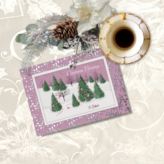 Roze Roos Betoverd Bos Folie Kerstkaart Folie Feestdagenkaart