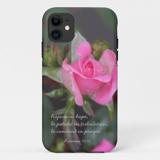 Roze Roos, Bijbelvers over hoop, Romeinen 12:12 Case-Mate iPhone Case (Achterkant)