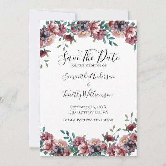 Roze Roos Blauw groene eucalyptus Floral Save The Date (Voorkant)
