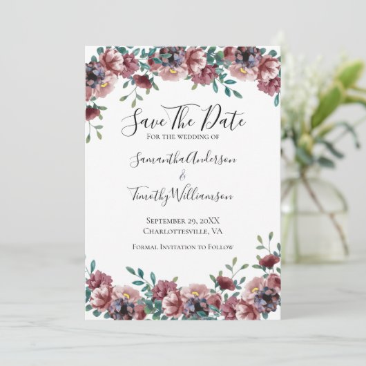 Roze Roos Blauw groene eucalyptus Floral Save The Date (Staand voorkant)