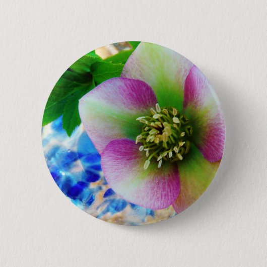 Roze Roos blauwe glazen bol Ronde Button 5,7 Cm (Voorkant)