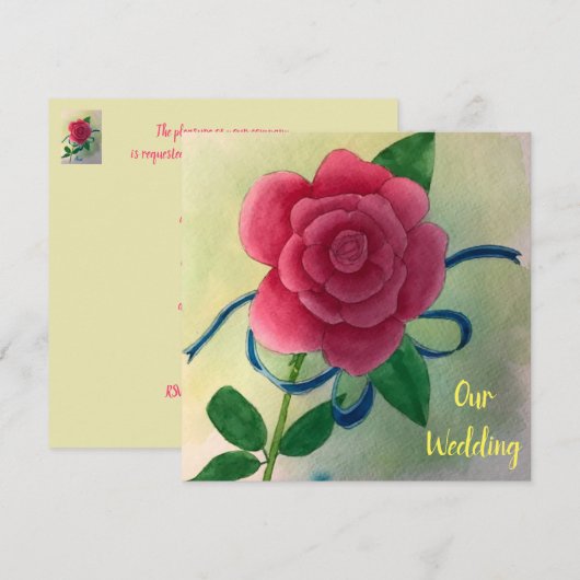 Roze Roos Blauwe Lint Aquarel Trouw Uitnodigingen (Voorkant / Achterkant)
