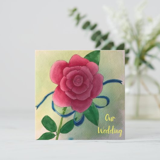 Roze Roos Blauwe Lint Aquarel Trouw Uitnodigingen (Staand voorkant)