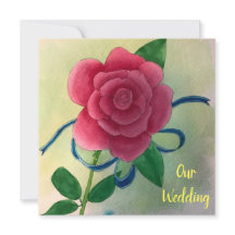 Roze Roos Blauwe Lint Aquarel Trouw Uitnodigingen