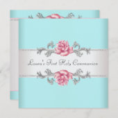 Roze roos Blauwgroen meisjes Blauwgroen Eerste Com Kaart (Voorkant / Achterkant)