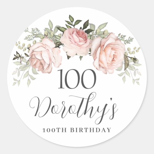 Roze Roos Bloem 100e Verjaardag Ronde Sticker (Voorkant)