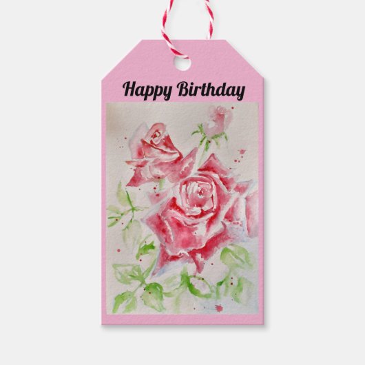 Roze Roos Bloem Bloemen Waterverf Cadeaulabel (Voorkant)