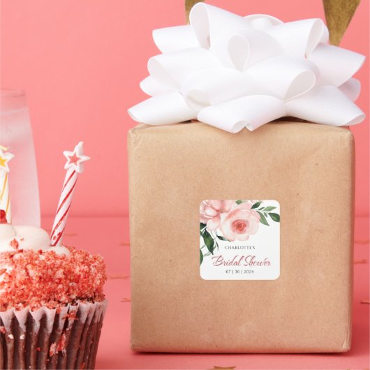 Roze Roos Bloem Bruidsdouche Vierkante Sticker (Feest)