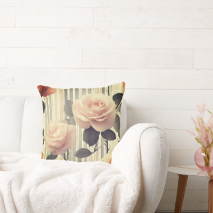 Roze roos bloem en strepen, vintage look kussen