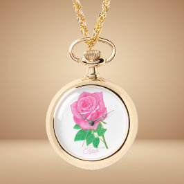 Roze Roos Bloem Gouden Hanger Horloge