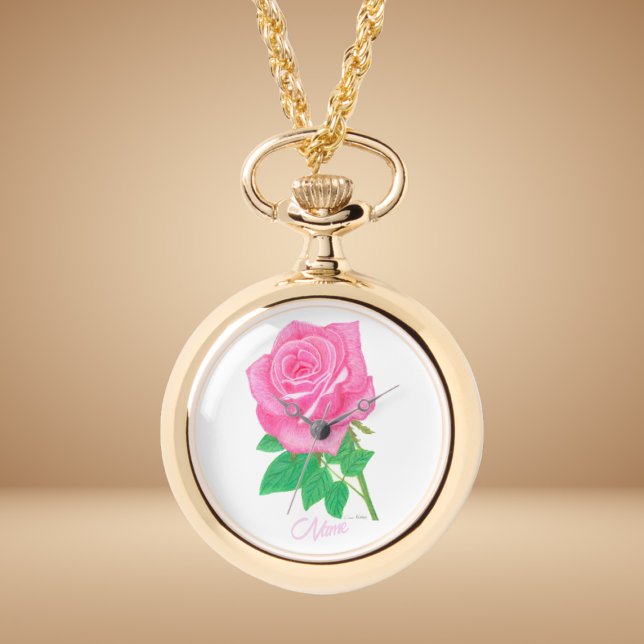 Roze Roos Bloem Gouden Hanger Horloge (Creator heeft geüpload)