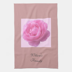 roze roos bloem met familienaam theedoek