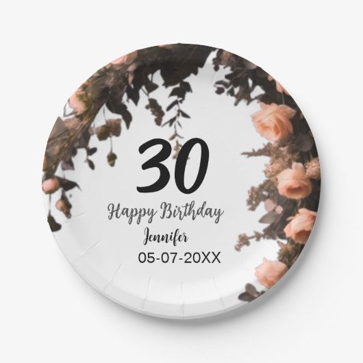 Roze roos  bloem moderne 30e verjaardag papieren bordje (Voorkant)