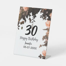 Roze roos  bloem moderne 30e verjaardag reclamebord met voetstuk